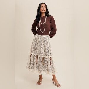 Lace & Velvet Layered Tiered Midi Skirt with Bows - Listicle